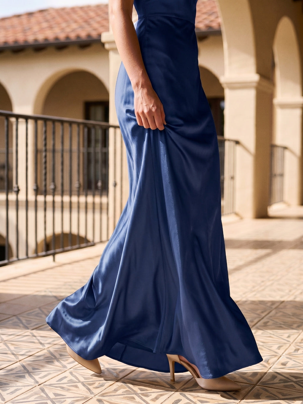 Navy Blue Satin Sheath Halter Neckline Backless Floor-Length Bridesmaid Dress - Curvevia