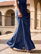 Navy Blue Satin Sheath Halter Neckline Backless Floor-Length Bridesmaid Dress - Curvevia
