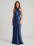 Navy Blue Satin Sheath Halter Neckline Backless Floor-Length Bridesmaid Dress - Curvevia