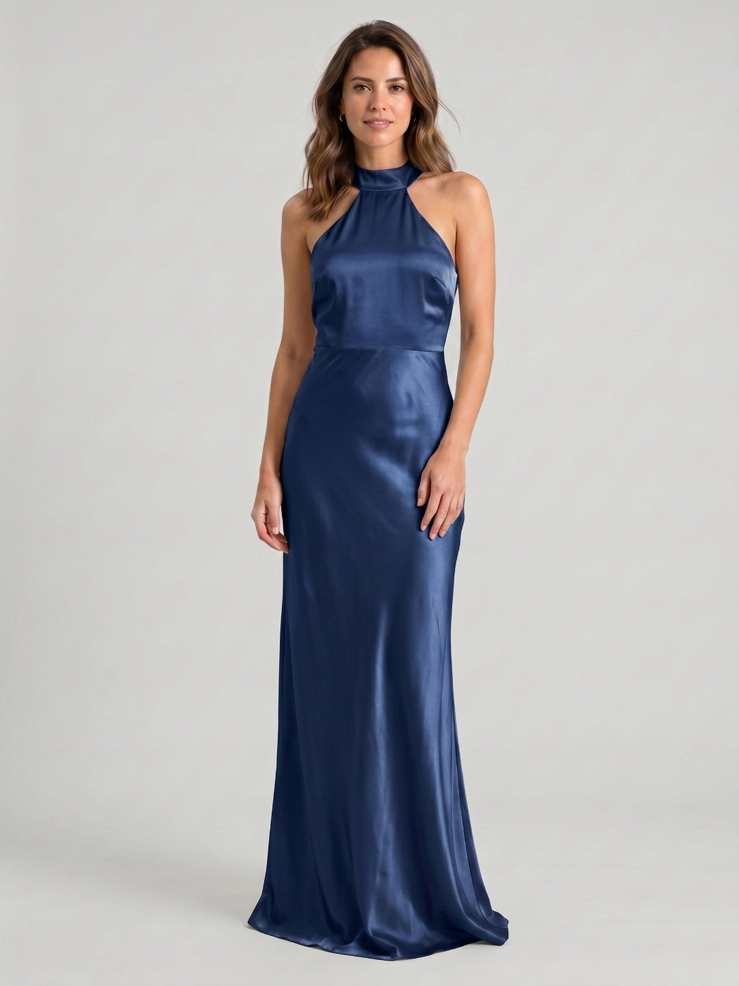 Navy Blue Satin Sheath Halter Neckline Backless Floor-Length Bridesmaid Dress - Curvevia