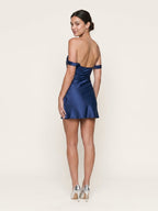 Navy Blue Satin Sheath Off-the-Shoulder Backless Short skirt Homecoming Dress with Pleats - Curvevia