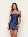 Navy Blue Satin Sheath Off-the-Shoulder Backless Short skirt Homecoming Dress with Pleats - Curvevia