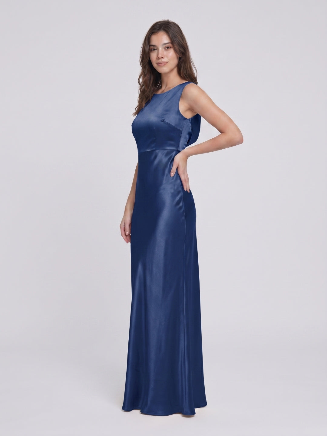 Navy Blue Satin Sheath Scoop Neck Backless Floor-Length Bridesmaid Dress - Curvevia