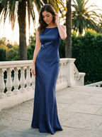 Navy Blue Satin Sheath Scoop Neck Backless Floor-Length Bridesmaid Dress - Curvevia