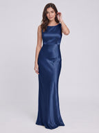 Navy Blue Satin Sheath Scoop Neck Backless Floor-Length Bridesmaid Dress - Curvevia