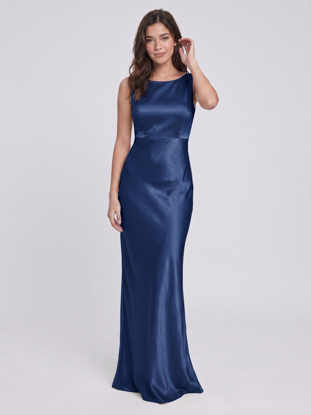 Navy Blue Satin Sheath Scoop Neck Backless Floor-Length Bridesmaid Dress - Curvevia