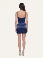 Navy Blue Satin Sheath Square Neck Back Zip Short Homecoming Dress with Pleats - Curvevia