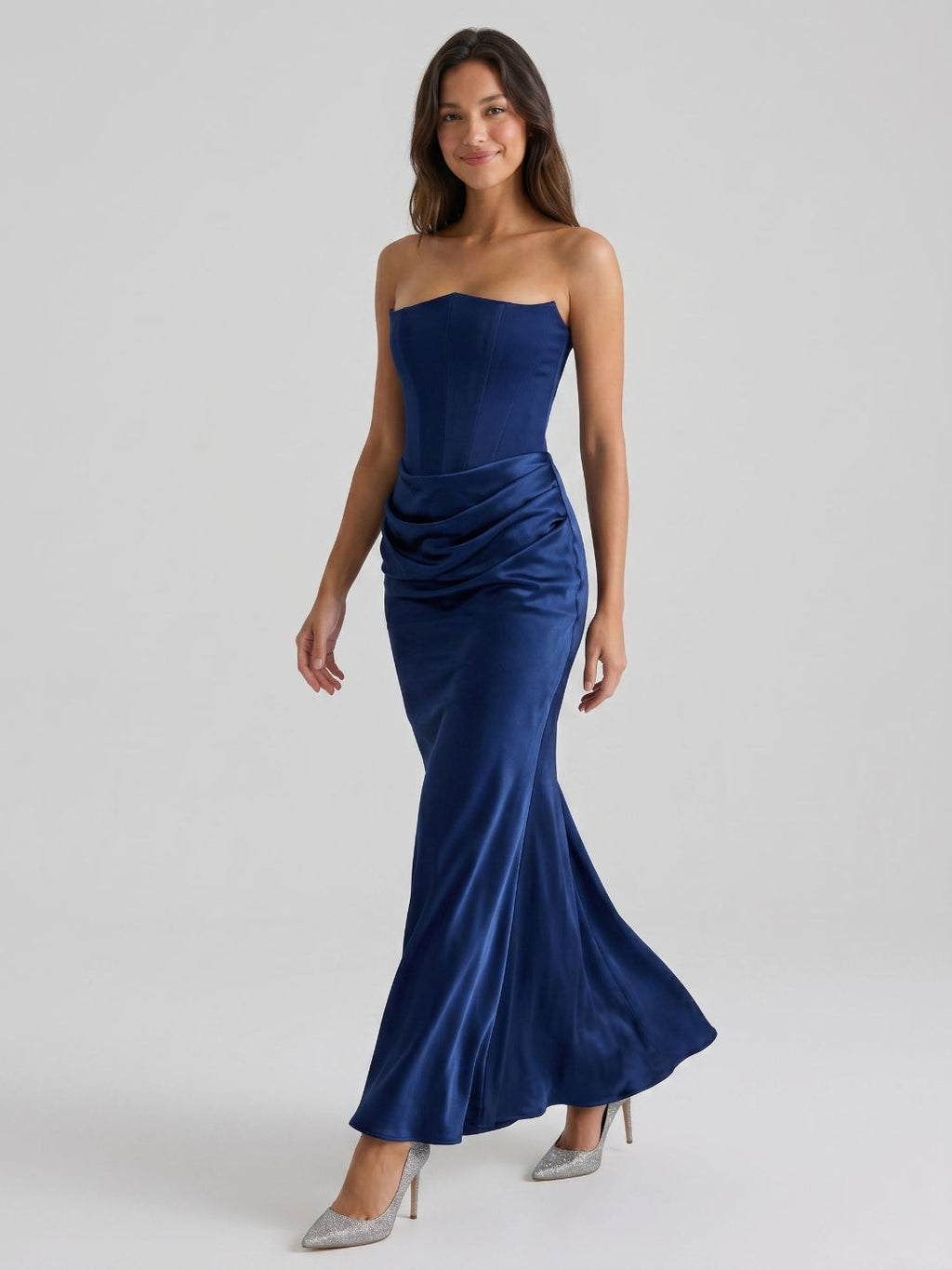Navy Blue Satin Sheath Straight Neck Back Zip Floor-Length Birthday Dress - Curvevia