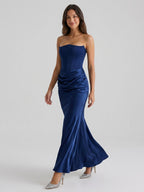 Navy Blue Satin Sheath Straight Neck Back Zip Floor-Length Birthday Dress - Curvevia