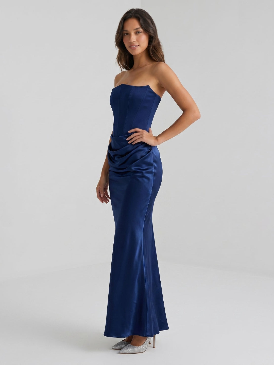 Navy Blue Satin Sheath Straight Neck Back Zip Floor-Length Birthday Dress - Curvevia