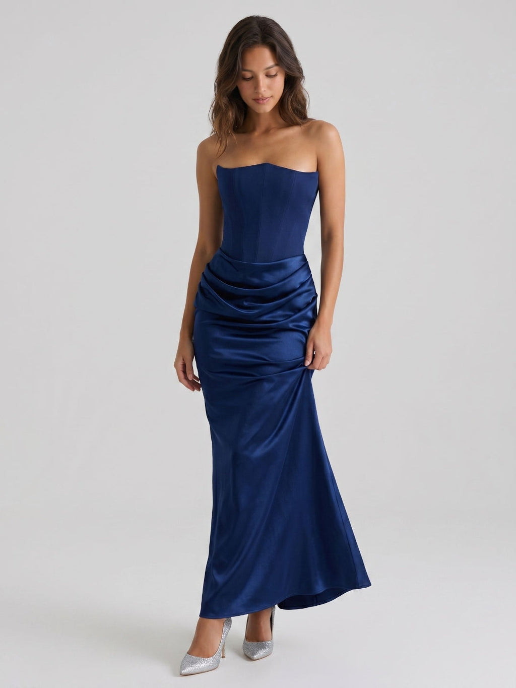 Navy Blue Satin Sheath Straight Neck Back Zip Floor-Length Birthday Dress - Curvevia