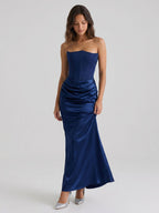 Navy Blue Satin Sheath Straight Neck Back Zip Floor-Length Birthday Dress - Curvevia