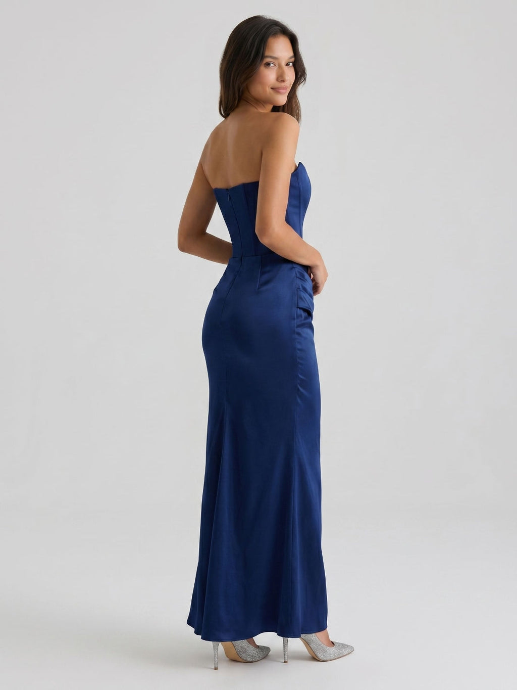 Navy Blue Satin Sheath Straight Neck Back Zip Floor-Length Birthday Dress - Curvevia