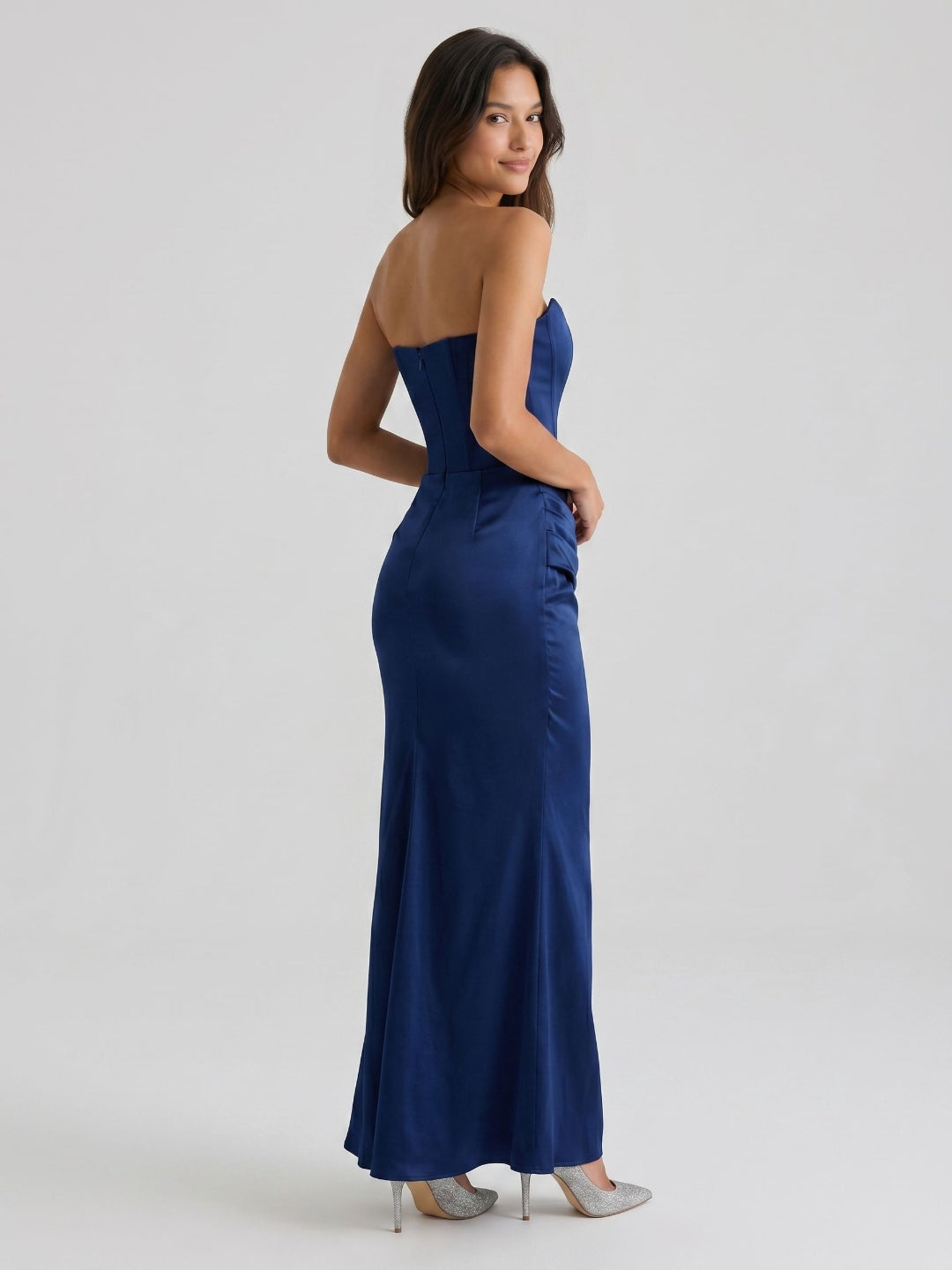 Navy Blue Satin Sheath Straight Neck Back Zip Floor-Length Birthday Dress - Curvevia