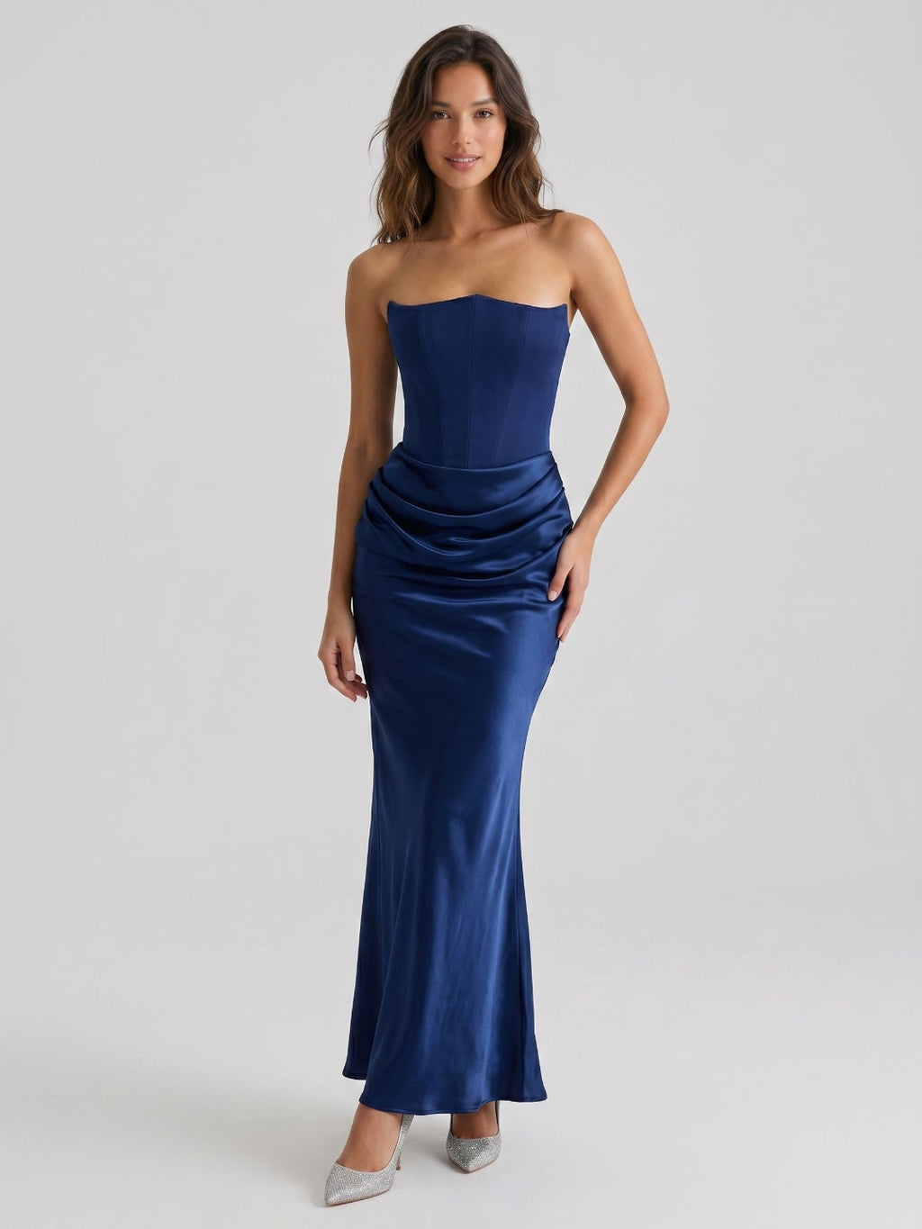 Navy Blue Satin Sheath Straight Neck Back Zip Floor-Length Birthday Dress - Curvevia