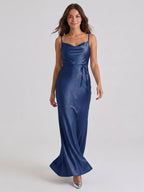 Navy Blue Satin Sheath Straight Neck Side Zip Floor-Length Bridesmaid Dress - Curvevia