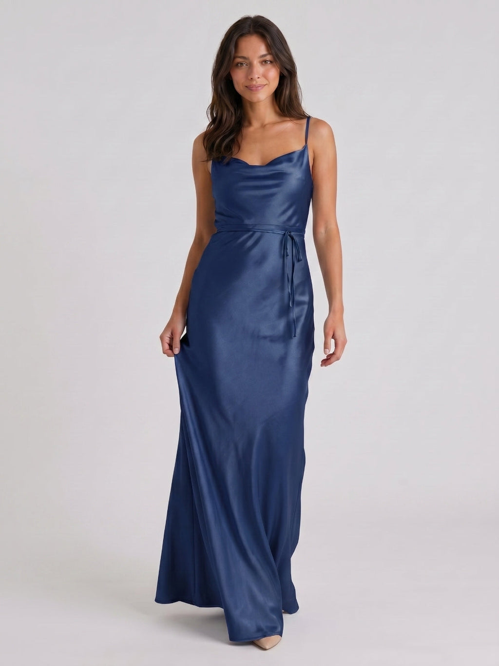 Navy Blue Satin Sheath Straight Neck Side Zip Floor-Length Bridesmaid Dress - Curvevia