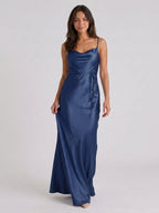 Navy Blue Satin Sheath Straight Neck Side Zip Floor-Length Bridesmaid Dress - Curvevia