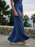 Navy Blue Satin Sheath Straight Neck Side Zip Floor-Length Bridesmaid Dress - Curvevia