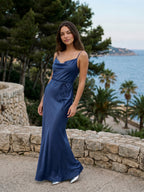 Navy Blue Satin Sheath Straight Neck Side Zip Floor-Length Bridesmaid Dress - Curvevia