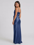 Navy Blue Satin Sheath Straight Neck Side Zip Floor-Length Bridesmaid Dress - Curvevia