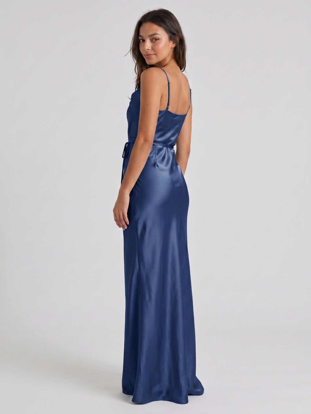 Navy Blue Satin Sheath Straight Neck Side Zip Floor-Length Bridesmaid Dress - Curvevia