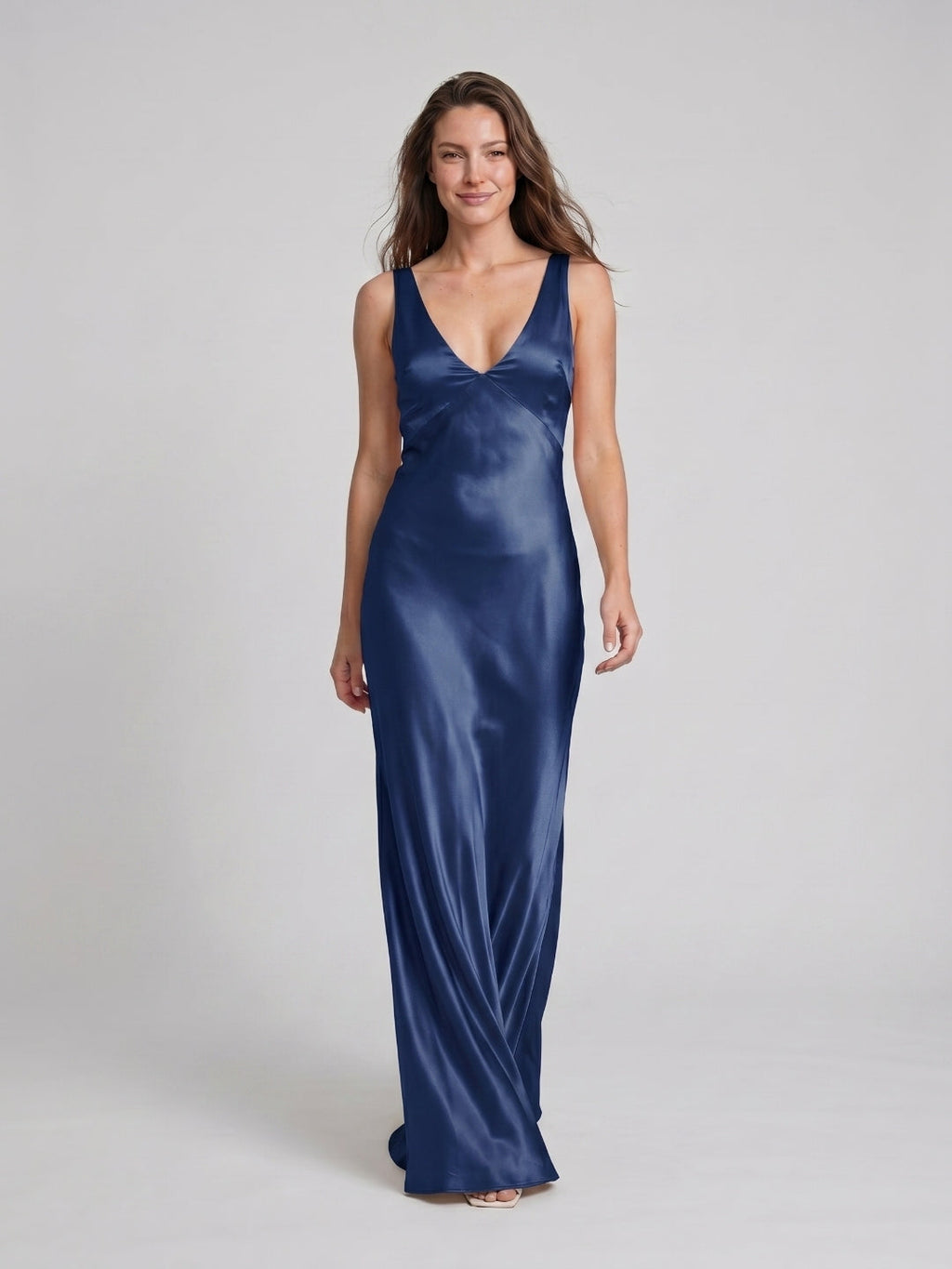 Navy Blue Satin Sheath V-Neck V-Back Floor-Length Bridesmaid Dress - Curvevia