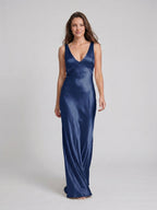 Navy Blue Satin Sheath V-Neck V-Back Floor-Length Bridesmaid Dress - Curvevia