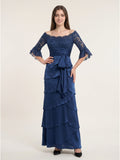 Navy Blue Satin column Scoop Neck Back Zip Floor-Length Mother of the Bride Dress with Bow - Curvevia