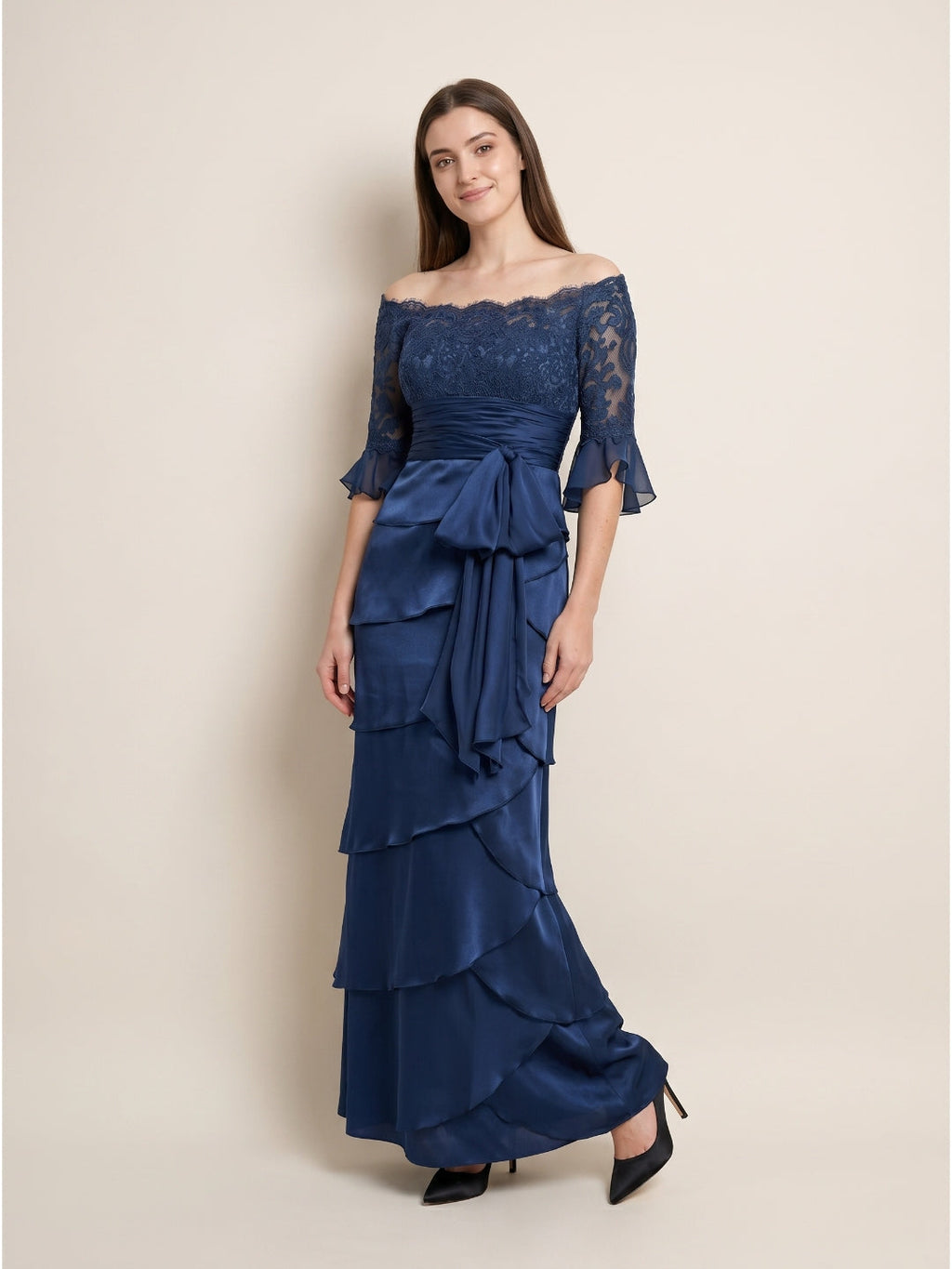 Navy Blue Satin column Scoop Neck Back Zip Floor-Length Mother of the Bride Dress with Bow - Curvevia