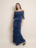Navy Blue Satin column Scoop Neck Back Zip Floor-Length Mother of the Bride Dress with Bow - Curvevia