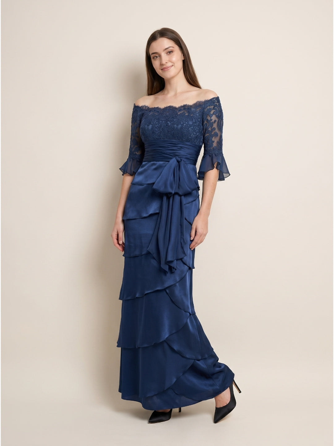 Navy Blue Satin column Scoop Neck Back Zip Floor-Length Mother of the Bride Dress with Bow - Curvevia
