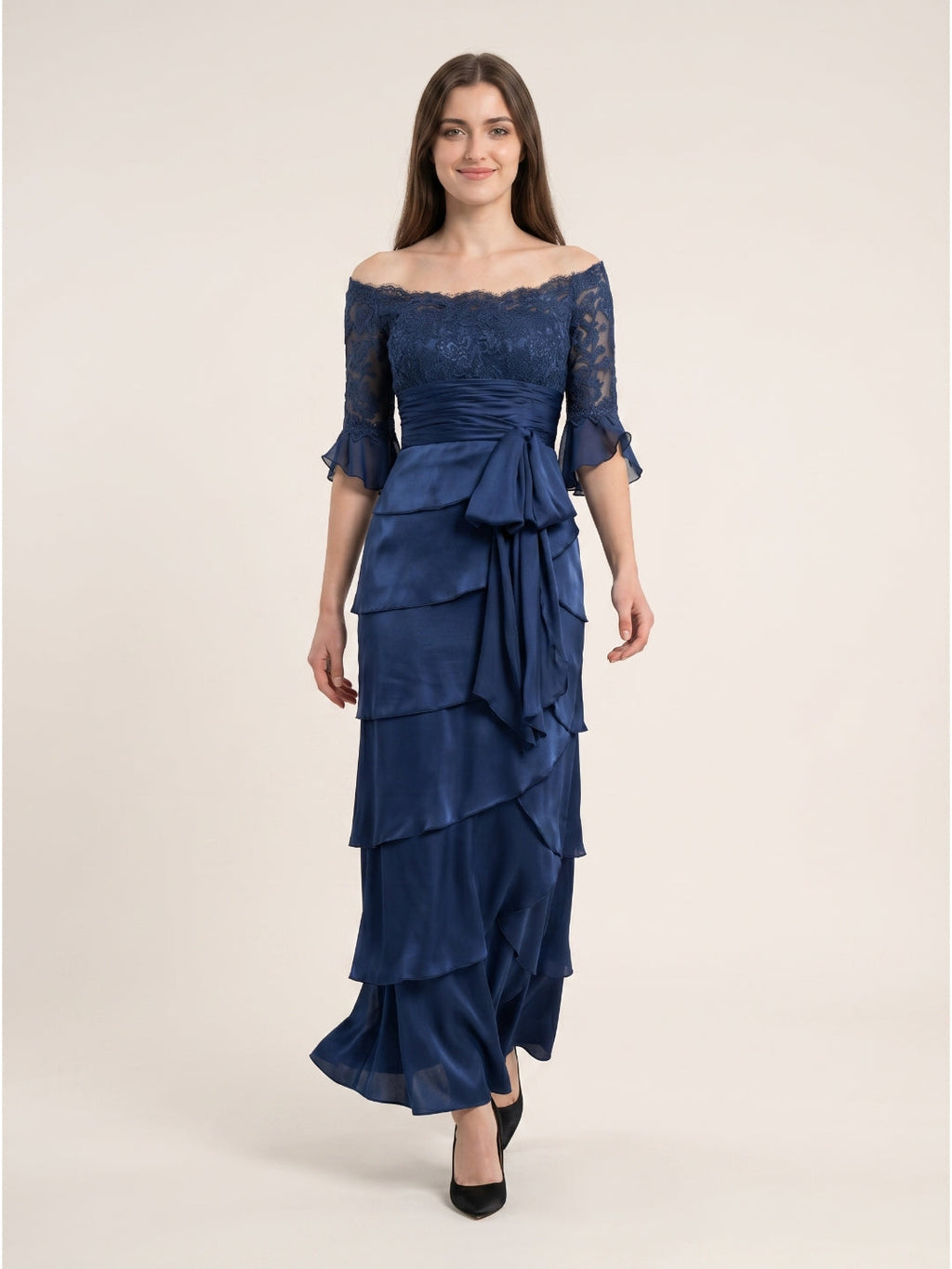 Navy Blue Satin column Scoop Neck Back Zip Floor-Length Mother of the Bride Dress with Bow - Curvevia