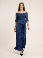 Navy Blue Satin column Scoop Neck Back Zip Floor-Length Mother of the Bride Dress with Bow - Curvevia