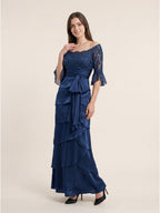 Navy Blue Satin column Scoop Neck Back Zip Floor-Length Mother of the Bride Dress with Bow - Curvevia