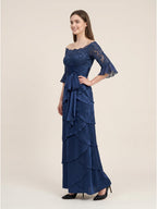 Navy Blue Satin column Scoop Neck Back Zip Floor-Length Mother of the Bride Dress with Bow - Curvevia