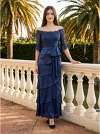 Navy Blue Satin column Scoop Neck Back Zip Floor-Length Mother of the Bride Dress with Bow - Curvevia