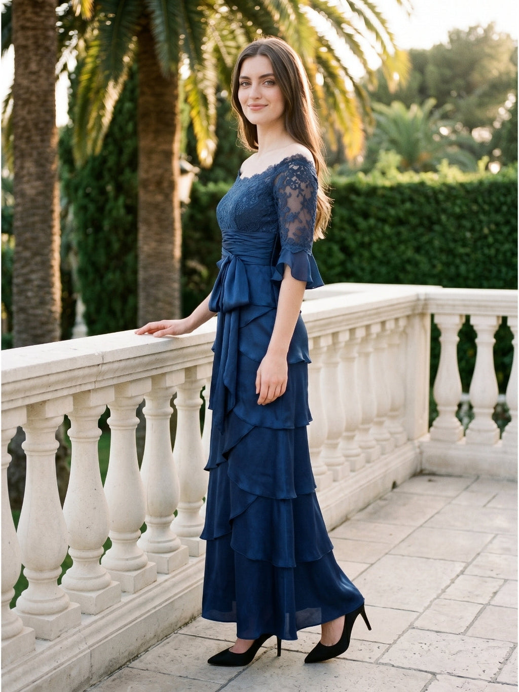 Navy Blue Satin column Scoop Neck Back Zip Floor-Length Mother of the Bride Dress with Bow - Curvevia