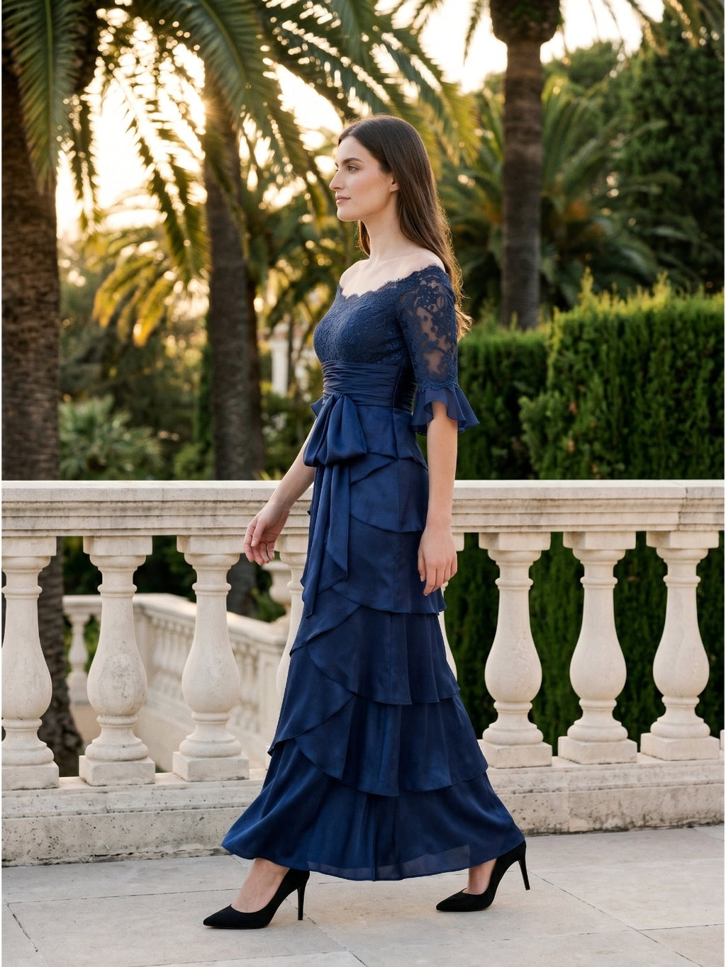 Navy Blue Satin column Scoop Neck Back Zip Floor-Length Mother of the Bride Dress with Bow - Curvevia