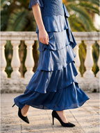 Navy Blue Satin column Scoop Neck Back Zip Floor-Length Mother of the Bride Dress with Bow - Curvevia