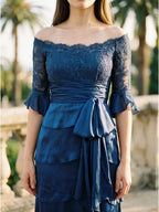 Navy Blue Satin column Scoop Neck Back Zip Floor-Length Mother of the Bride Dress with Bow - Curvevia