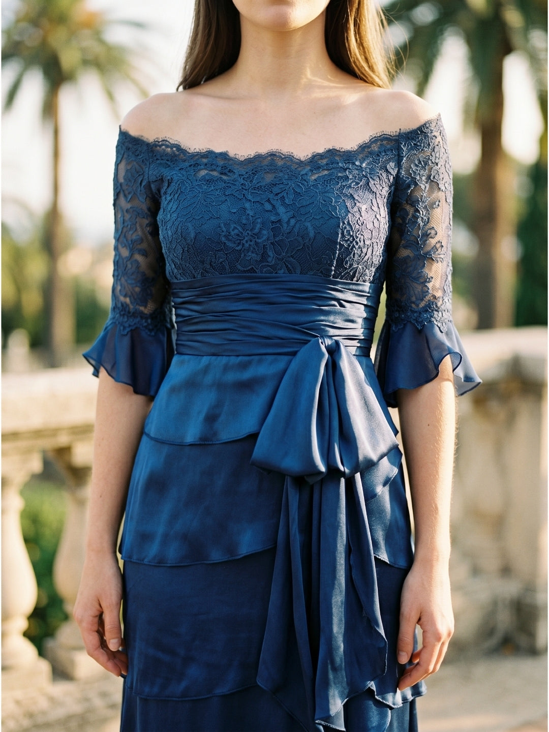 Navy Blue Satin column Scoop Neck Back Zip Floor-Length Mother of the Bride Dress with Bow - Curvevia