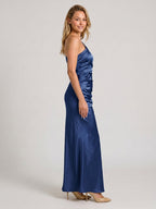 Navy Blue Sheath One Shoulder Side Zip Floor-Length Bridesmaid Dress - Curvevia