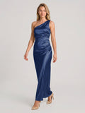 Navy Blue Sheath One Shoulder Side Zip Floor-Length Bridesmaid Dress - Curvevia