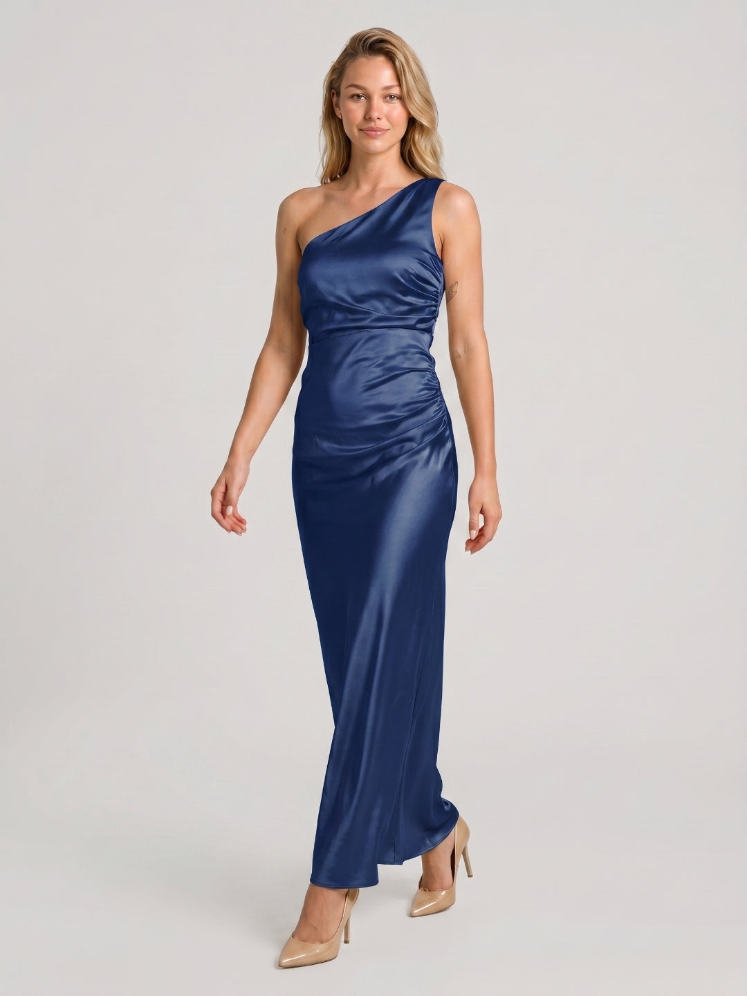 Navy Blue Sheath One Shoulder Side Zip Floor-Length Bridesmaid Dress - Curvevia