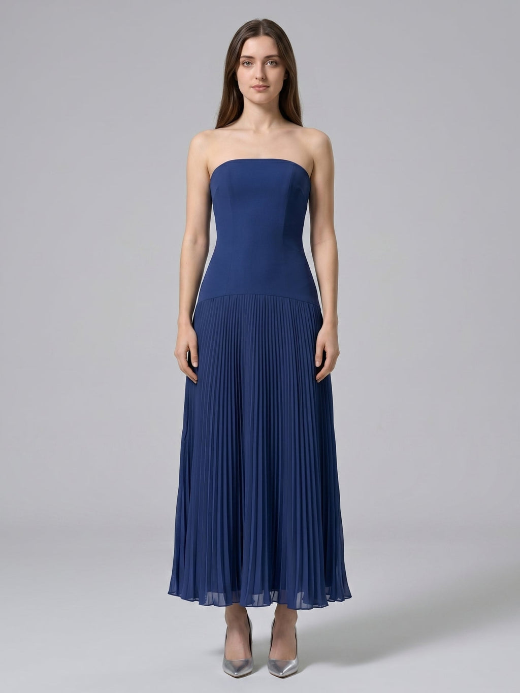 Navy Blue Stretch Knit A-Line Straight Neck Back Zip Ankle-Length Bridesmaid Dress - Curvevia