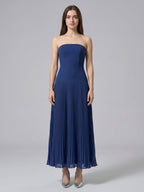 Navy Blue Stretch Knit A-Line Straight Neck Back Zip Ankle-Length Bridesmaid Dress - Curvevia