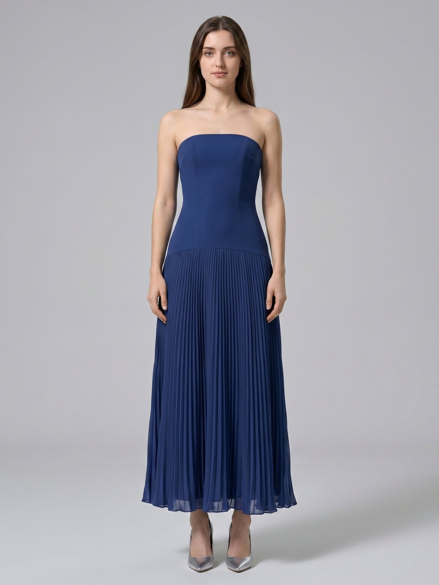 Navy Blue Stretch Knit A-Line Straight Neck Back Zip Ankle-Length Bridesmaid Dress - Curvevia
