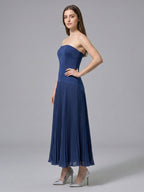 Navy Blue Stretch Knit A-Line Straight Neck Back Zip Ankle-Length Bridesmaid Dress - Curvevia