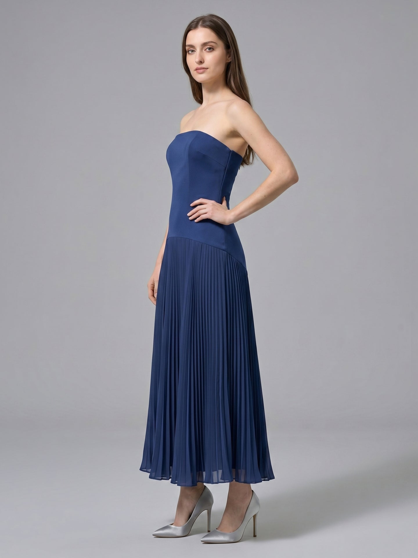 Navy Blue Stretch Knit A-Line Straight Neck Back Zip Ankle-Length Bridesmaid Dress - Curvevia
